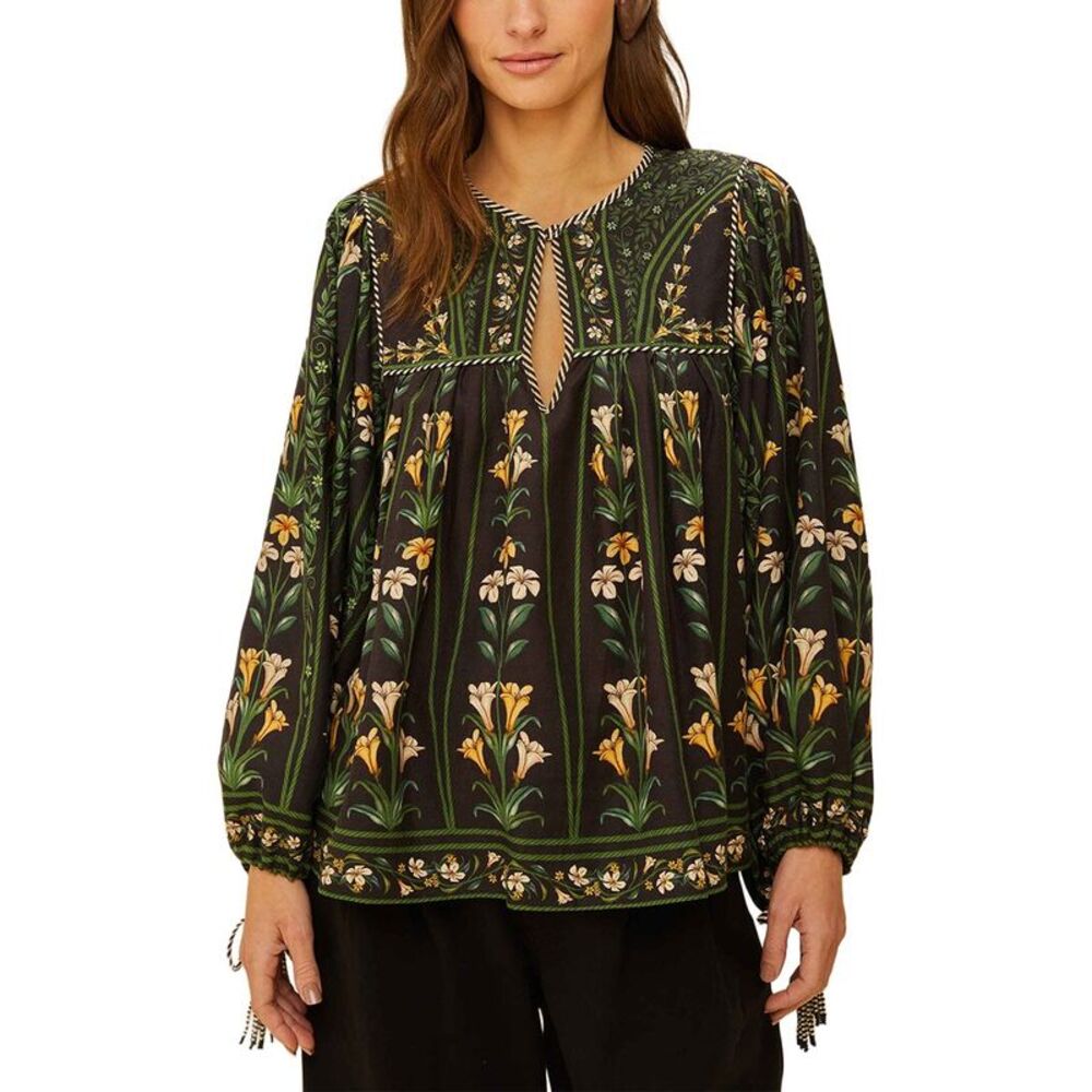 Farm Rio Womens  Flowers Arch Black Long Sleeve Linen-Blend Blouse